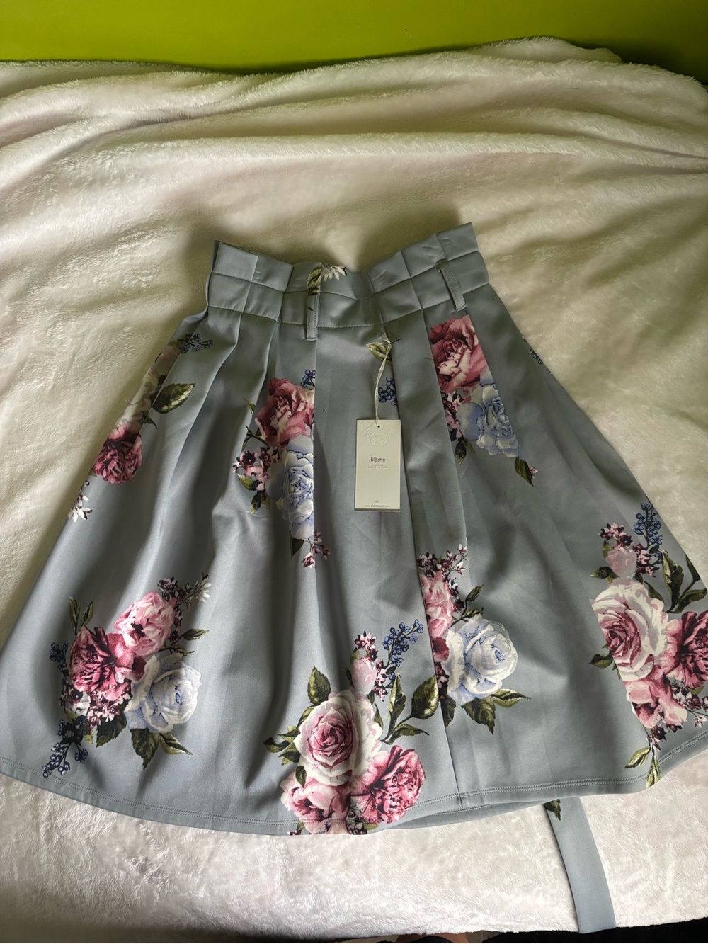 Floral Pleated A-Line Skirt in Light Blue